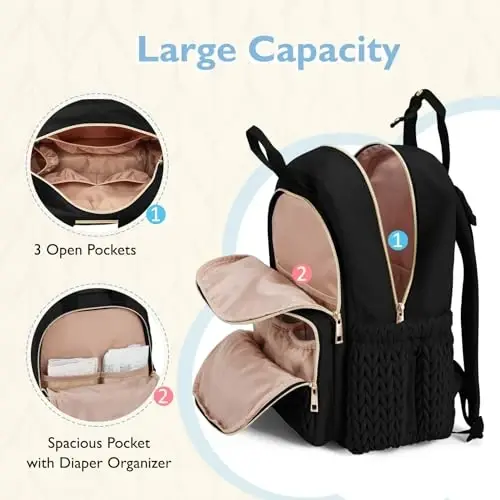 mommore Diaper Bag Backpack, Stylish Travel Baby Bag with Insulated Pockets, Changing Pad and Stroller Straps for Toddler (L-Pink, Large-27L) - 3