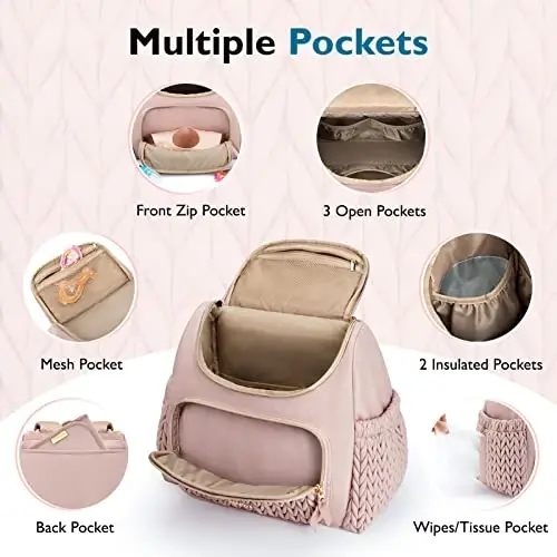 mommore Diaper Bag Backpack, Stylish Travel Baby Bag with Insulated Pockets, Changing Pad and Stroller Straps for Toddler (S-Pink, Small-17L) - 4