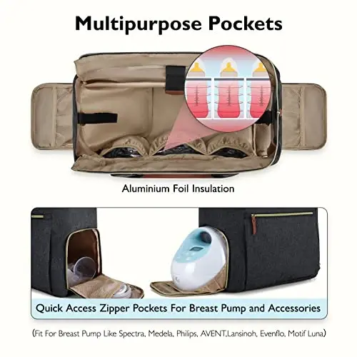 mommore Breast Pump Bag Diaper Tote Bag with 15 Inch Laptop Sleeve Fit Most Breast Pumps Like Medela, Spectra S1,S2, Evenflo - 3