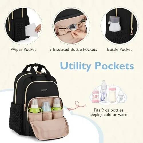 mommore Diaper Bag Backpack Large Baby Bag for Boys Girls Quilted Travel Diaper Backpack with Changing Pad, Stroller Straps - 4