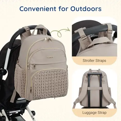 mommore Diaper Bag Backpack Large Baby Bag with Insulated Pockets, Laptop Sleeve Stroller Buckles, Quilted Travel Diaper Backpack with Luggage Strap - 3