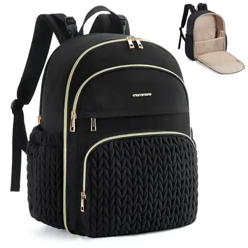 mommore Diaper Bag Backpack Large Baby Bag with Insulated Pockets, Laptop Sleeve Stroller Buckles, Quilted Travel Diaper Backpack with Luggage Strap - 6