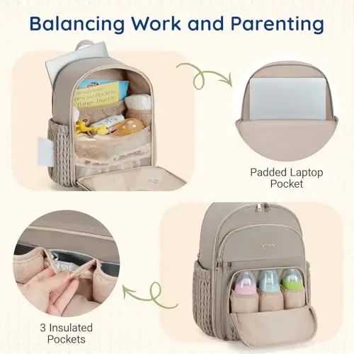 mommore Diaper Bag Backpack Large Baby Bag with Insulated Pockets, Laptop Sleeve Stroller Buckles, Quilted Travel Diaper Backpack with Luggage Strap - 2