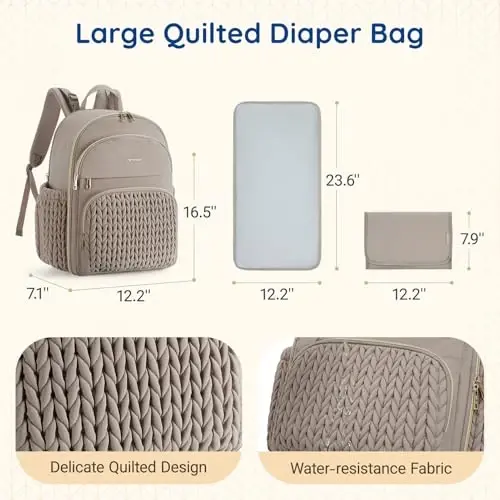 mommore Diaper Bag Backpack Large Baby Bag with Insulated Pockets, Laptop Sleeve Stroller Buckles, Quilted Travel Diaper Backpack with Luggage Strap - 5