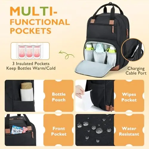 mommore Diaper Bag Backpack with Changing Station Large Travel Diaper Bags Unisex Baby Bag with Changing Pad, Stroller Straps - 4