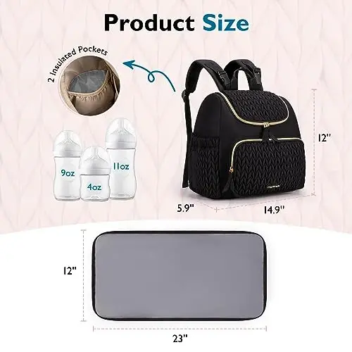 mommore Diaper Bag Small Diaper Backpack Izolyatsiya qilingan cho'ntaklar, almashtirish pedi, aravachalar uchun tasmalar bilan zamonaviy chaqaloq sayohat ryukzaklari - 6