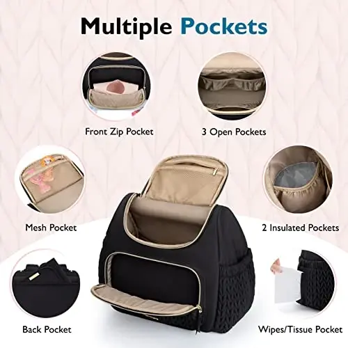 mommore Diaper Bag Small Diaper Backpack Izolyatsiya qilingan cho'ntaklar, almashtirish pedi, aravachalar uchun tasmalar bilan zamonaviy chaqaloq sayohat ryukzaklari - 4