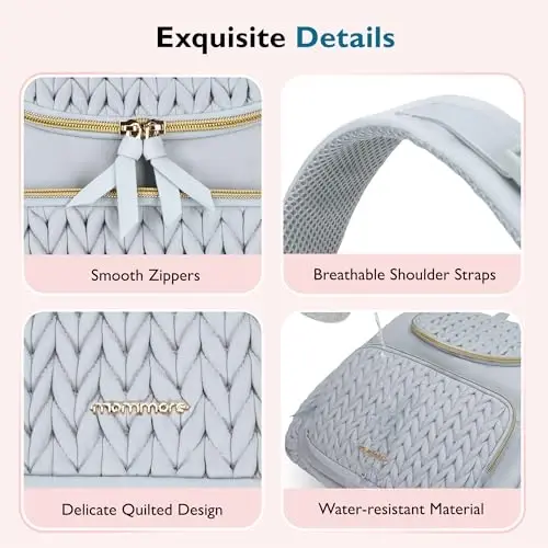 mommore Diaper Bag Small Diaper Backpack Izolyatsiya qilingan cho'ntaklar, almashtirish pedi, aravachalar uchun tasmalar bilan zamonaviy chaqaloq sayohat ryukzaklari - 5