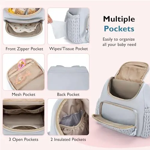 mommore Diaper Bag Small Diaper Backpack Izolyatsiya qilingan cho'ntaklar, almashtirish pedi, aravachalar uchun tasmalar bilan zamonaviy chaqaloq sayohat ryukzaklari - 4