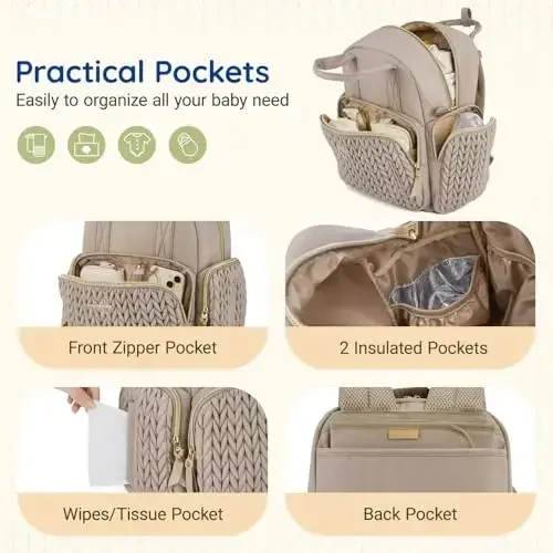 mommore Diaper Bag Small Diaper Backpack Izolyatsiya qilingan cho'ntaklar, almashtirish pedi, aravachalar uchun tasmalar bilan zamonaviy chaqaloq sayohat ryukzaklari - 4