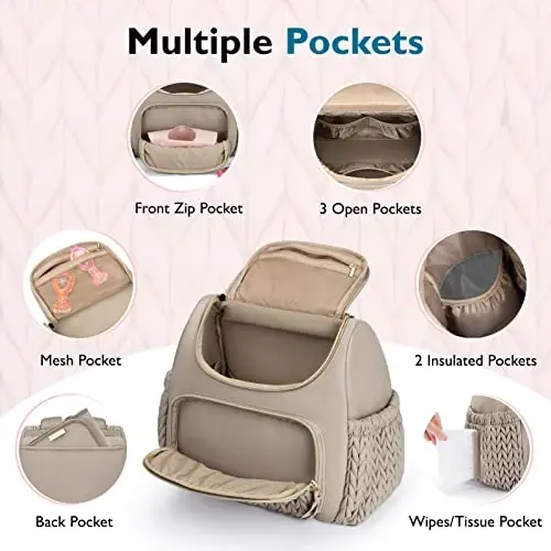 mommore Diaper Bag Small Diaper Backpack Izolyatsiya qilingan cho'ntaklar, almashtirish uchun taglik, aravachalar uchun tasmalar bilan zamonaviy chaqaloq sayohat ryukzaklari - 4