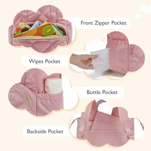 mommore Kapitone Bebek Bakım Sırt Çantası, Küçük Bebek Çantaları, Seyahat İçin Hafif Mini Bebek Sırt Çantası, Yalıtımlı Cepler ve Alt Değiştirme Minderi İle (Pembe) - 4