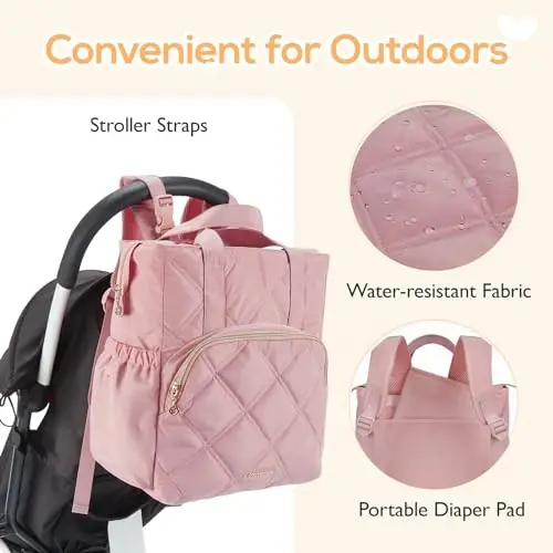 mommore Quilted Diaper Bag Backpack, Small Baby Bags, Lightweight Mini Diaper Backpack for Travel, with Insulated Pockets, Changing Pad (Pink) - 5