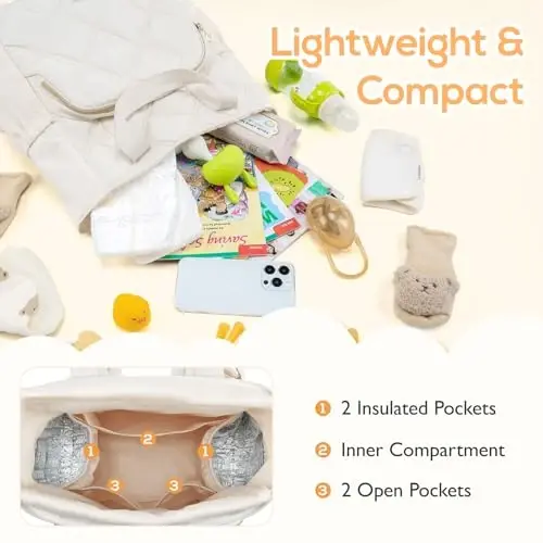 mommore Quilted Diaper Bag Backpack, Small Baby Bags, Lightweight Mini Diaper Backpack for Travel, with Insulated Pockets, Changing Pad (Beige) - 3