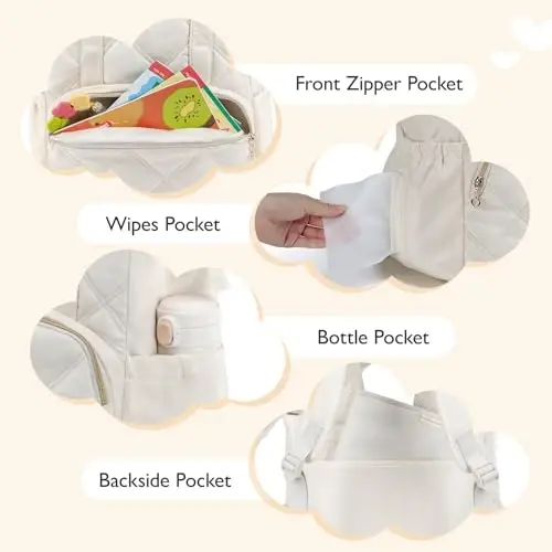 mommore Quilted Diaper Bag Backpack, Small Baby Bags, Lightweight Mini Diaper Backpack for Travel, with Insulated Pockets, Changing Pad (Beige) - 4