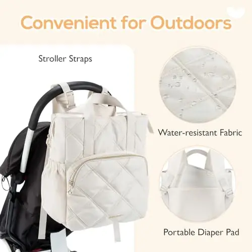 mommore Quilted Diaper Bag Backpack, Small Baby Bags, Lightweight Mini Diaper Backpack for Travel, with Insulated Pockets, Changing Pad (Beige) - 5
