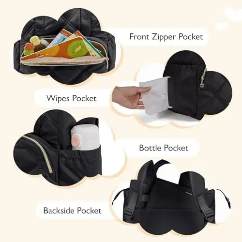 mommore Quilted Diaper Bag Backpack, Small Baby Bags, Lightweight Mini Diaper Backpack for Travel, with Insulated Pockets, Changing Pad (Black) - 3