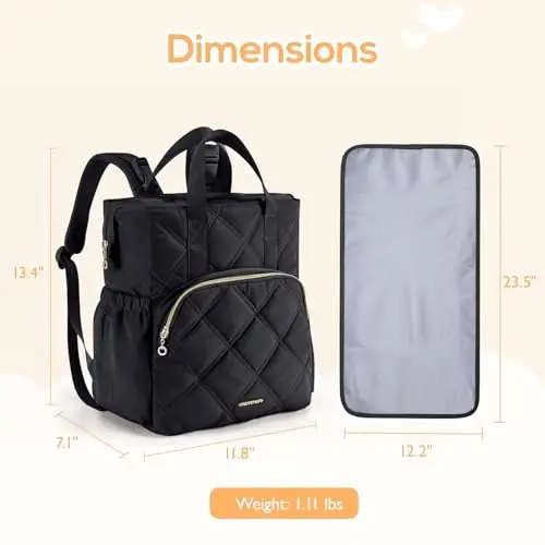 mommore Quilted Diaper Bag Backpack, Small Baby Bags, Lightweight Mini Diaper Backpack for Travel, with Insulated Pockets, Changing Pad (Black) - 5