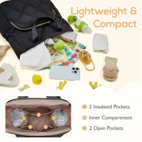mommore Quilted Diaper Bag Backpack, Small Baby Bags, Lightweight Mini Diaper Backpack for Travel, with Insulated Pockets, Changing Pad (Black) - 2