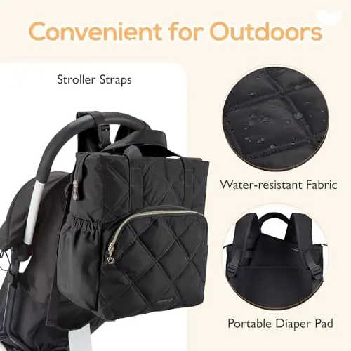 mommore Quilted Diaper Bag Backpack, Small Baby Bags, Lightweight Mini Diaper Backpack for Travel, with Insulated Pockets, Changing Pad (Black) - 4