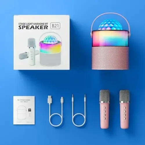 MOMOHO Karaoke Machine for Kids, Mini Karaoke Mchine,Portable Bluetooth Speaker with 2 Wireless Mics, Disco LED Lights for Parties & Travel, for Girls & Boys (Pink) - MOMOHO