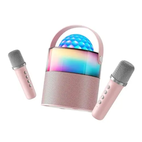 MOMOHO Karaoke Machine for Kids, Mini Karaoke Mchine,Portable Bluetooth Speaker with 2 Wireless Mics, Disco LED Lights for Parties & Travel, for Girls & Boys (Pink) - 2