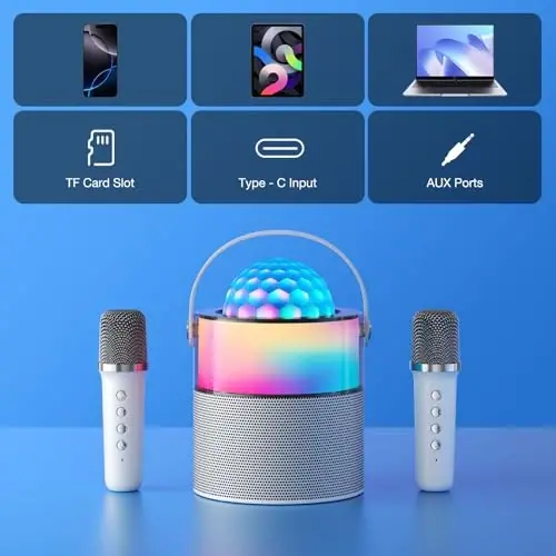 MOMOHO Karaoke Machine, Mini Portable Bluetooth Speaker Wireless with 2 Wireless Mics for Adults Kids Singing Machine, Disco LED Lights for Travel Girls Boys Home Party Gifts (White) - 1