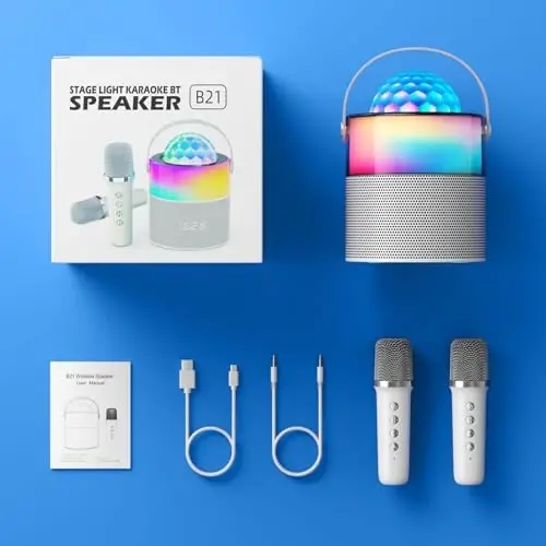 MOMOHO Karaoke Machine, Mini Portable Bluetooth Speaker Wireless with 2 Wireless Mics for Adults Kids Singing Machine, Disco LED Lights for Travel Girls Boys Home Party Gifts (White) - 2