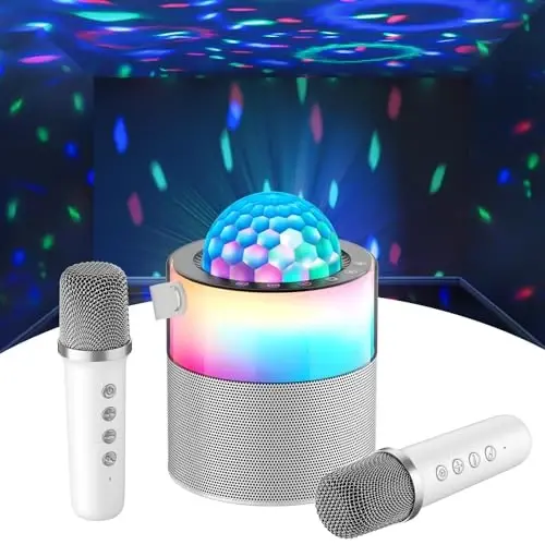 MOMOHO Karaoke Machine, Mini Portable Bluetooth Speaker Wireless with 2 Wireless Mics for Adults Kids Singing Machine, Disco LED Lights for Travel Girls Boys Home Party Gifts (White) - 3