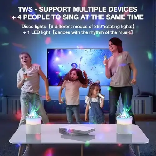 MOMOHO Karaoke Machine, Mini Portable Bluetooth Speaker Wireless with 2 Wireless Mics for Adults Kids Singing Machine, Disco LED Lights for Travel Girls Boys Home Party Gifts (White) - 4