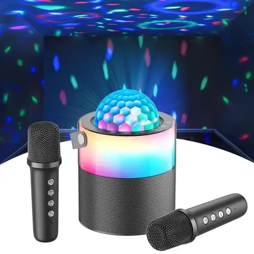 MOMOHO Karaoke Machine with Disco LED Lights for Adults Kids, Mini Portable Bluetooth Speaker with 2 Wireless Microphones, Birthday Gifts Toys for Boys Girls Family Home Party (Black) - MOMOHO
