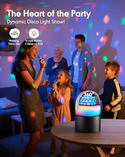 MOMOHO Karaoke Machine with Disco LED Lights for Adults Kids, Mini Portable Bluetooth Speaker with 2 Wireless Microphones, Birthday Gifts Toys for Boys Girls Family Home Party (Black) - 4