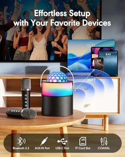 MOMOHO Karaoke Machine with Disco LED Lights for Adults Kids, Mini Portable Bluetooth Speaker with 2 Wireless Microphones, Birthday Gifts Toys for Boys Girls Family Home Party (Black) - 5