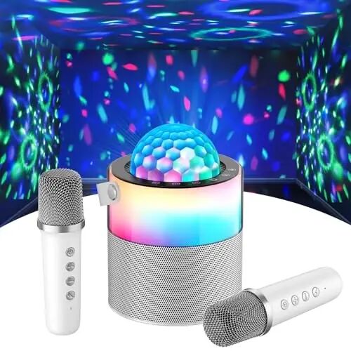 MOMOHO Karaoke Machine with Disco LED Lights, Mini Portable Bluetooth Speaker with 2 Wireless Microphones for Kids Adults, Birthday Gifts for Girls Boys Family Parties Travel (White) - MOMOHO