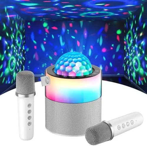 MOMOHO Karaoke Machine with Disco LED Lights, Mini Portable Bluetooth Speaker with 2 Wireless Microphones for Kids Adults, Birthday Gifts for Girls Boys Family Parties Travel (White) - 1