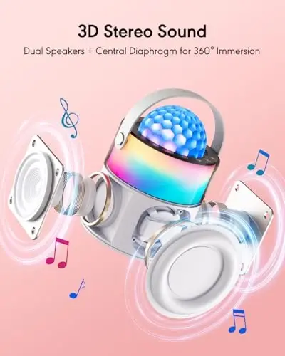 MOMOHO Karaoke Machine with Disco LED Lights, Mini Portable Bluetooth Speaker with 2 Wireless Microphones for Kids Adults, Birthday Gifts for Girls Boys Family Parties Travel (White) - 3