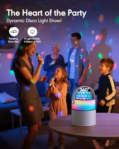 MOMOHO Karaoke Machine with Disco LED Lights, Mini Portable Bluetooth Speaker with 2 Wireless Microphones for Kids Adults, Birthday Gifts for Girls Boys Family Parties Travel (White) - 4