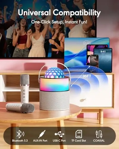 MOMOHO Karaoke Machine with Disco LED Lights, Mini Portable Bluetooth Speaker with 2 Wireless Microphones for Kids Adults, Birthday Gifts for Girls Boys Family Parties Travel (White) - 5