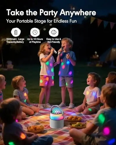 MOMOHO Karaoke Machine with Disco LED Lights, Mini Portable Bluetooth Speaker with 2 Wireless Microphones for Kids Adults, Birthday Gifts for Girls Boys Family Parties Travel (White) - 6