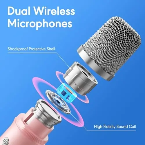 MOMOHO Караоке-машина для детей, мини-караоке-машина, портативная Bluetooth-колонка с 2 беспроводными микрофонами, диско-светодиодные фонари для вечеринок и путешествий, для девочек и мальчиков (розовый) - 4