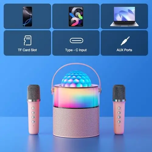 MOMOHO Караоке-машина для детей, мини-караоке-машина, портативная Bluetooth-колонка с 2 беспроводными микрофонами, диско-светодиодные фонари для вечеринок и путешествий, для девочек и мальчиков (розовый) - 5