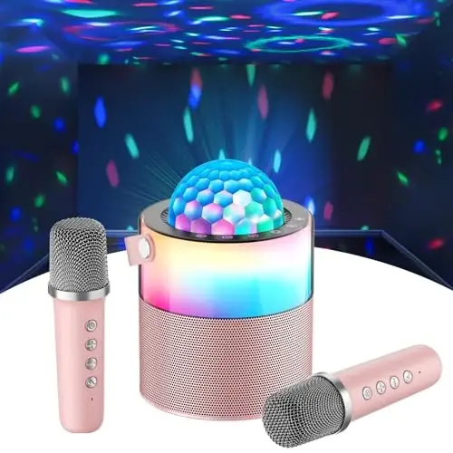 MOMOHO Караоке-машина для детей, мини-караоке-машина, портативная Bluetooth-колонка с 2 беспроводными микрофонами, диско-светодиодные фонари для вечеринок и путешествий, для девочек и мальчиков (розовый) - MOMOHO