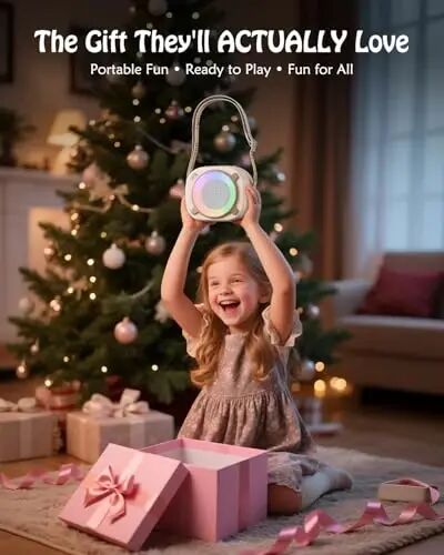 MOMOHO Mini Karaoke Machine, Mini Portable Bluetooth Speaker with 2 Wireless Microphones and Party Lights for Girls Boys, Birthday Gifts for Kids Family Party (Vanilla) - MOMOHO (1)