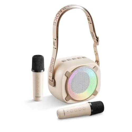 MOMOHO Mini Karaoke Machine, Mini Portable Bluetooth Speaker with 2 Wireless Microphones and Party Lights for Girls Boys, Birthday Gifts for Kids Family Party (Vanilla) - 1