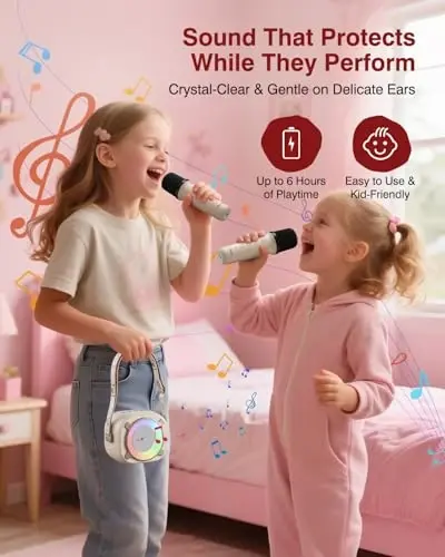 MOMOHO Mini Karaoke Machine, Mini Portable Bluetooth Speaker with 2 Wireless Microphones and Party Lights for Girls Boys, Birthday Gifts for Kids Family Party (Vanilla) - 4