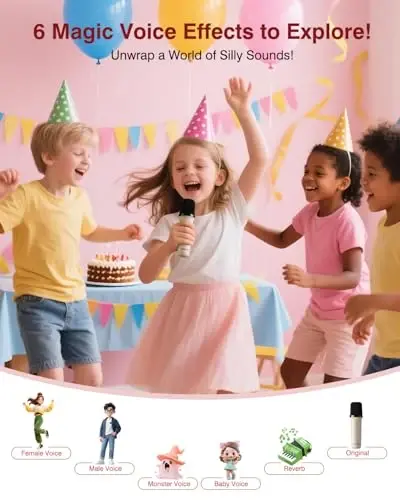 MOMOHO Mini Karaoke Machine, Mini Portable Bluetooth Speaker with 2 Wireless Microphones and Party Lights for Girls Boys, Birthday Gifts for Kids Family Party (Vanilla) - 6