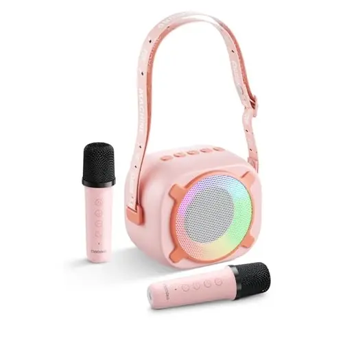 MOMOHO Mini Karaoke Machine, Portable Bluetooth Speaker with 2 Wireless Microphones and Party LED Lights for Girls Boys Family, Support USB/AUX/TF Card for Birthday Gifts Home Party (Light Pink) - 1