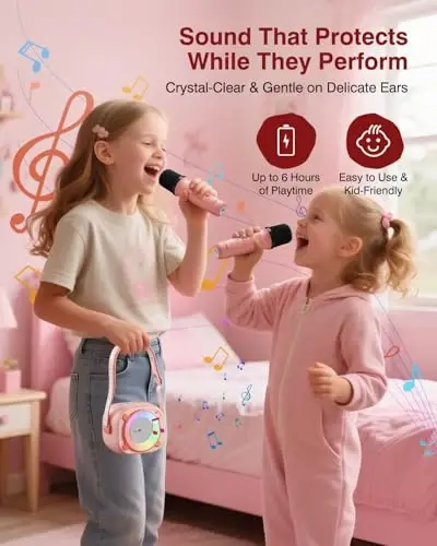 MOMOHO Mini Karaoke Machine, Portable Bluetooth Speaker with 2 Wireless Microphones and Party LED Lights for Girls Boys Family, Support USB/AUX/TF Card for Birthday Gifts Home Party (Light Pink) - 4
