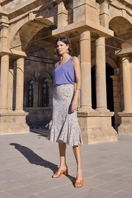 Monamise Ayollar uchun Gulli Naqshli Qalin Kamarli Yubka To'plami 23071 - 6