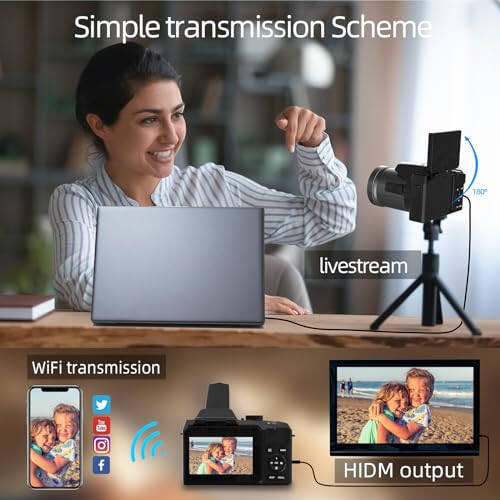 Monitech 64MP Dijital Fotoğraf ve Video Kamerası, 4K Vlog Kamerası YouTube İçin 3'' Döndürülebilir Ekran, 16X Dijital Zoom, WiFi&Otomatik Odaklama, Kamera Askısı&Tripod, 2 Pil, 32GB TF Kart (S200, Siyah) - 6